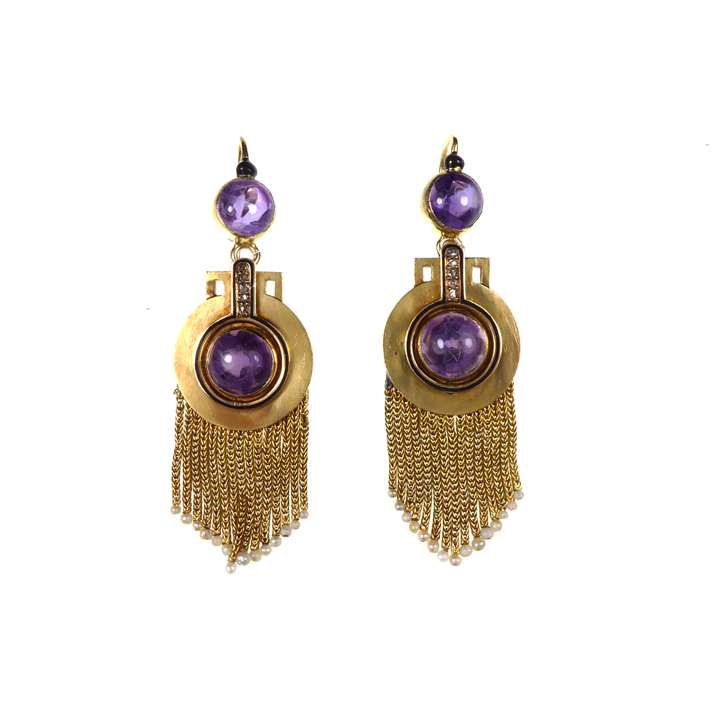 Pair of cabochon amethyst and gold fringe pendant earrings of stylised moon flask form